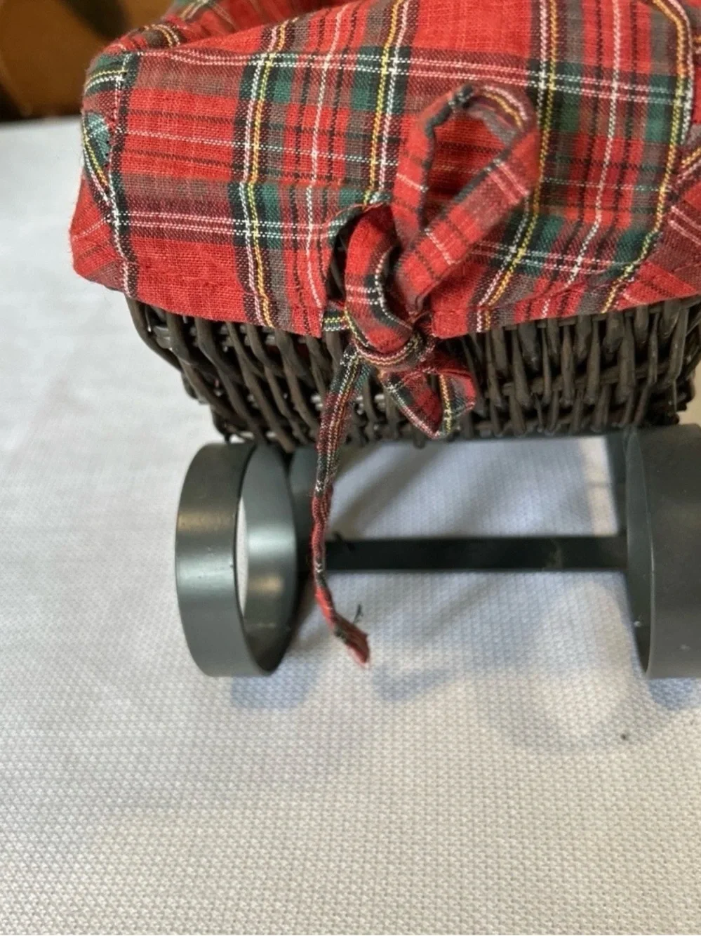 Rustic Wicker Sleigh Basket with Red Plaid Liner Metal Runners